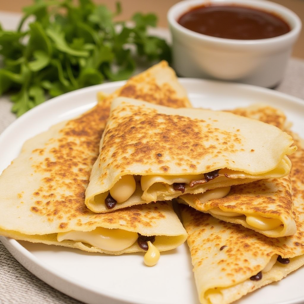A happy child holding a slice of crispy air fryer quesadilla, smiling at the camera with a plate of food in the background.