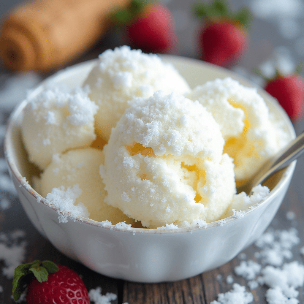 A person scooping fresh, clean snow into a bowl for making snow cream recipe on a sunny winter day.