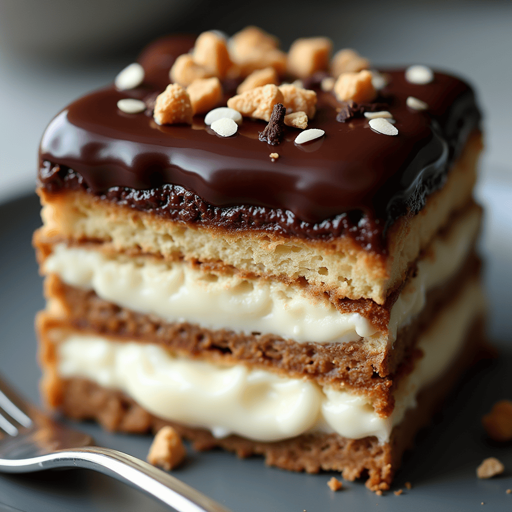 Decadent Chocolate Eclair Cake with layers of graham crackers, creamy vanilla pudding, and rich chocolate frosting, topped with chocolate shavings.